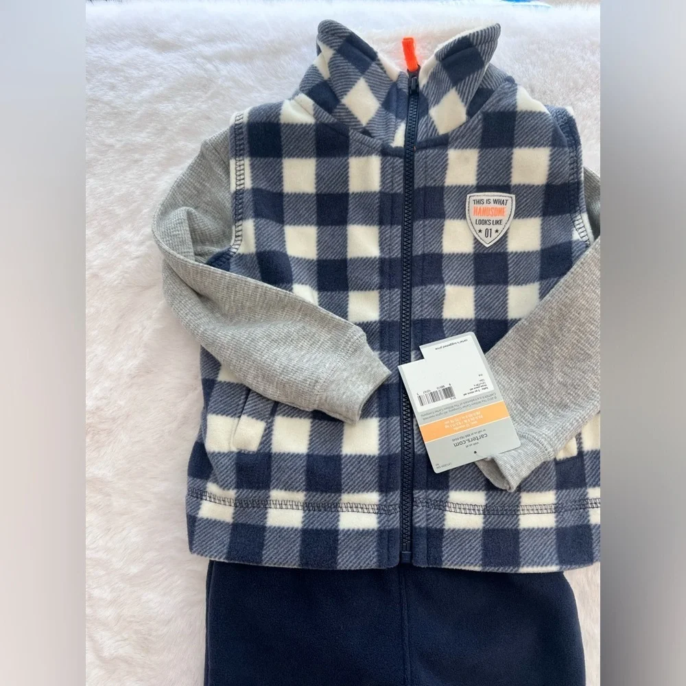 Carter's Baby Boys 3 Piece Plaid Outfit Fleece and Vest and long sleeve bodysuit